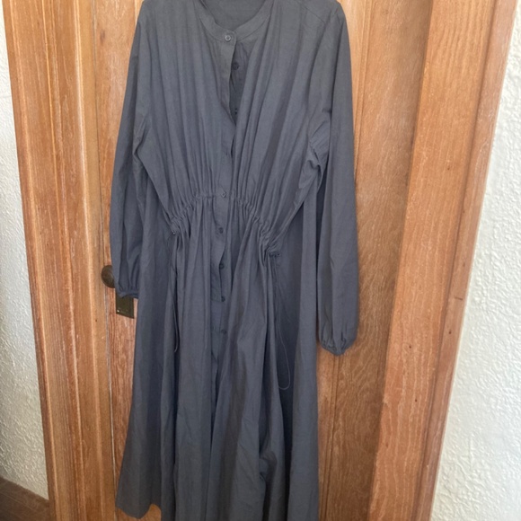 Zara Long Button Down Cinch Front Gray Cotton Dress - Picture 4 of 9